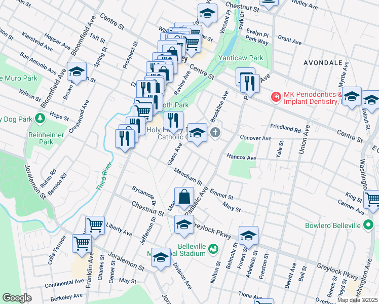 map of restaurants, bars, coffee shops, grocery stores, and more near 8 Newark Avenue in Nutley