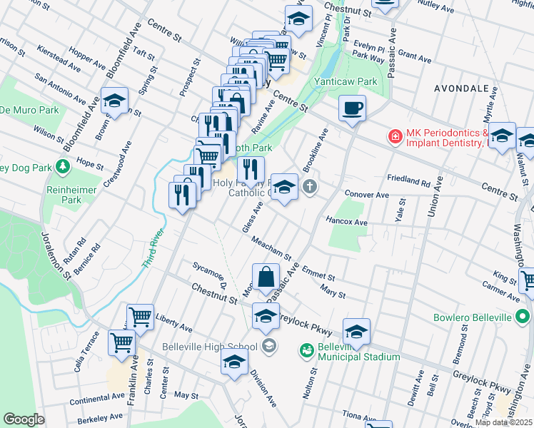 map of restaurants, bars, coffee shops, grocery stores, and more near 8 Newark Avenue in Nutley