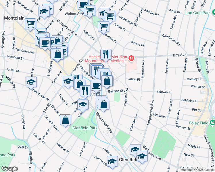 map of restaurants, bars, coffee shops, grocery stores, and more near in Montclair