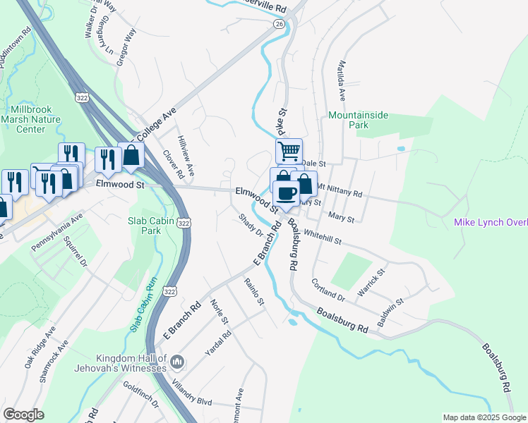 map of restaurants, bars, coffee shops, grocery stores, and more near 830 Elmwood Street in State College