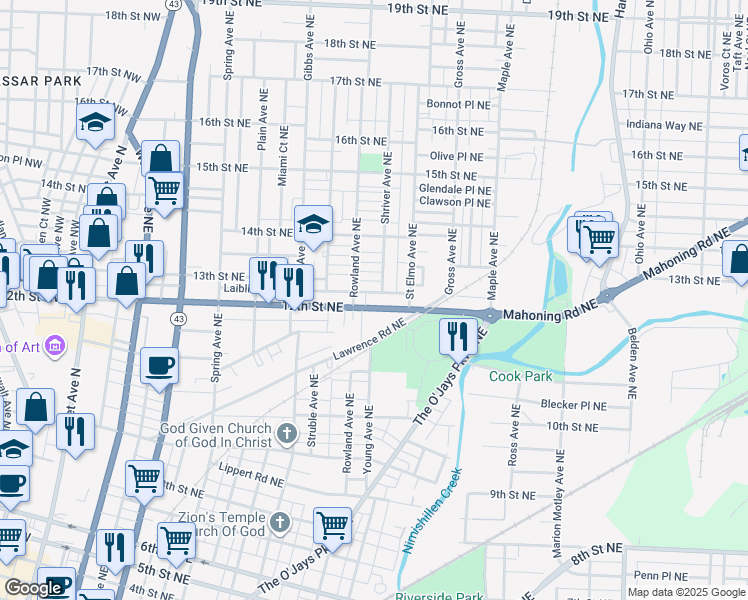 map of restaurants, bars, coffee shops, grocery stores, and more near 1309 12th Street Northeast in Canton