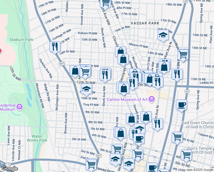 map of restaurants, bars, coffee shops, grocery stores, and more near 1121 Deberg Court Northwest in Canton