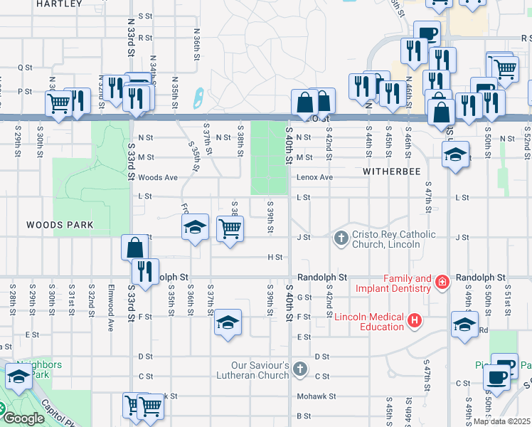 map of restaurants, bars, coffee shops, grocery stores, and more near 3870 Steele Avenue in Lincoln