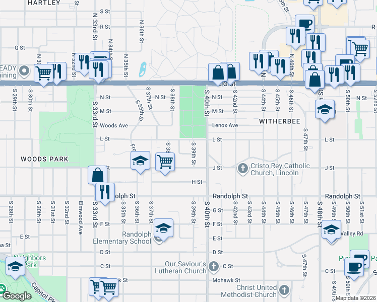 map of restaurants, bars, coffee shops, grocery stores, and more near 3870 Steele Avenue in Lincoln