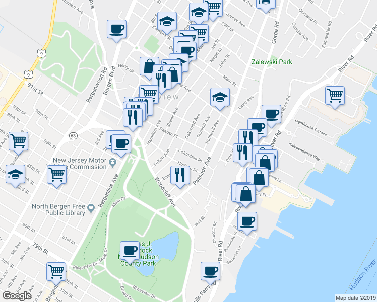 map of restaurants, bars, coffee shops, grocery stores, and more near 237 Columbus Place in Cliffside Park