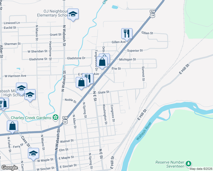 map of restaurants, bars, coffee shops, grocery stores, and more near 895 Cottage Avenue in Wabash
