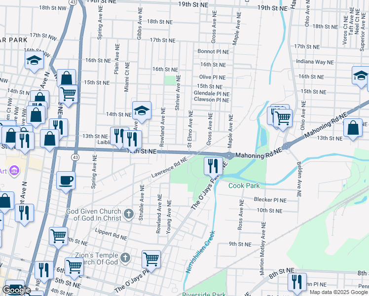 map of restaurants, bars, coffee shops, grocery stores, and more near 1429 12th Street Northeast in Canton