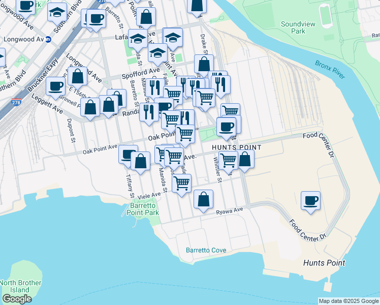 map of restaurants, bars, coffee shops, grocery stores, and more near 401 Bryant Avenue in Bronx