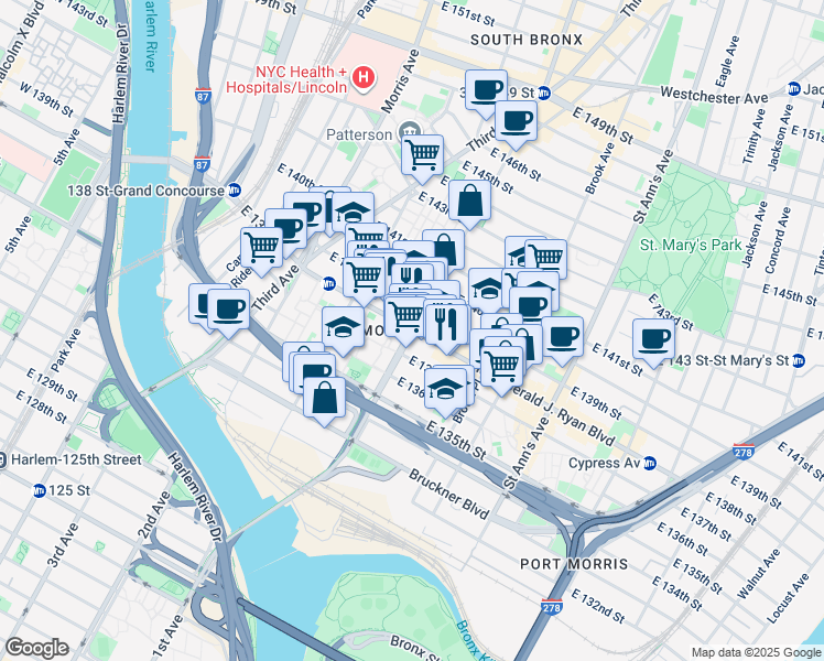 map of restaurants, bars, coffee shops, grocery stores, and more near in The Bronx
