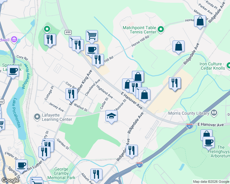 map of restaurants, bars, coffee shops, grocery stores, and more near 245-251 East Hanover Avenue in Morristown