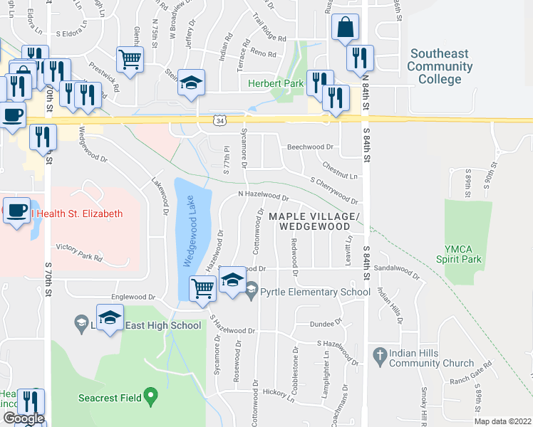 map of restaurants, bars, coffee shops, grocery stores, and more near 420 Cottonwood Dr in Lincoln