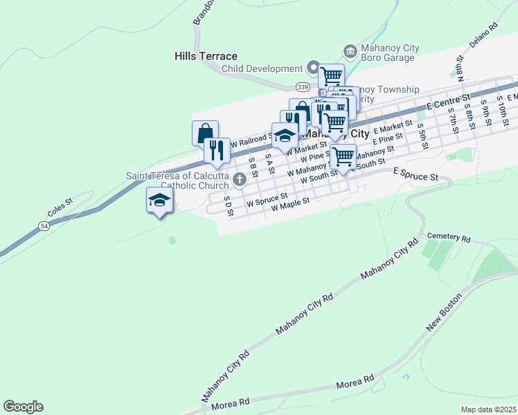 map of restaurants, bars, coffee shops, grocery stores, and more near 508 West Spruce Street in Mahanoy City