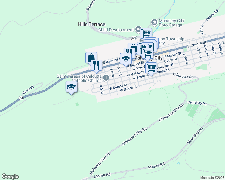 map of restaurants, bars, coffee shops, grocery stores, and more near 520 West Spruce Street in Mahanoy City