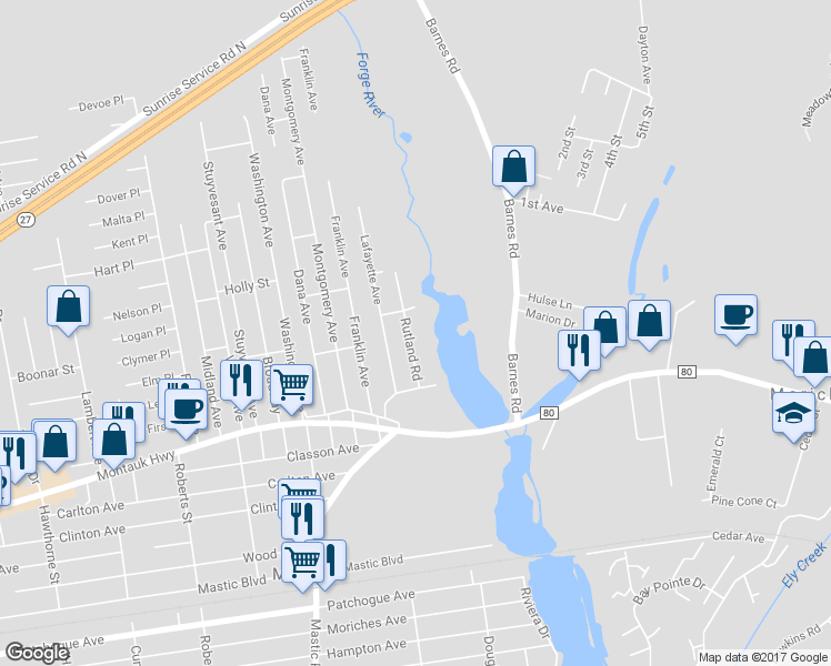 map of restaurants, bars, coffee shops, grocery stores, and more near 16 Rutland Road in Mastic