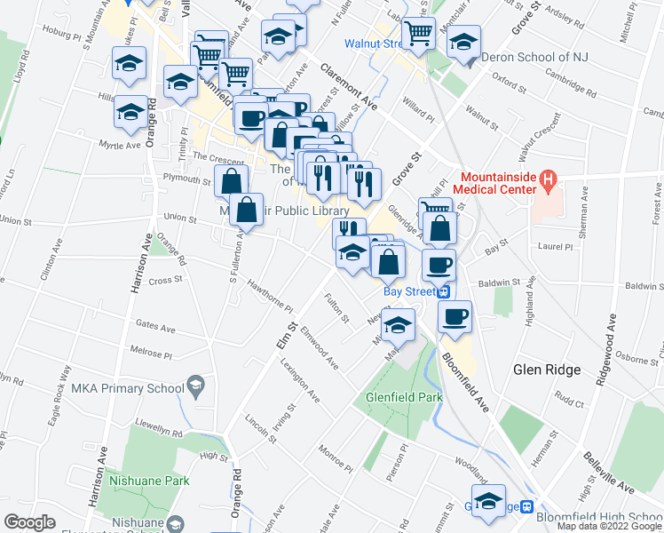 map of restaurants, bars, coffee shops, grocery stores, and more near in Montclair