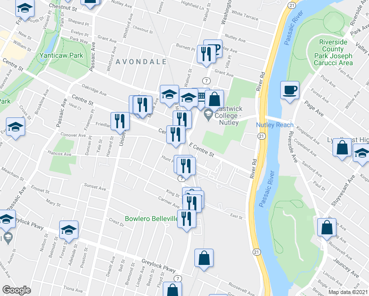 map of restaurants, bars, coffee shops, grocery stores, and more near 80 Washington Avenue in Nutley