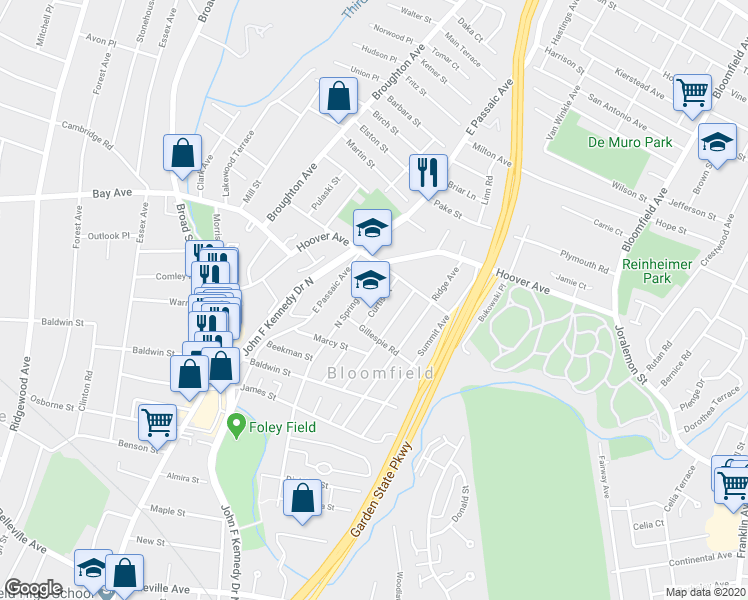 map of restaurants, bars, coffee shops, grocery stores, and more near 92 Curtis Street in Bloomfield