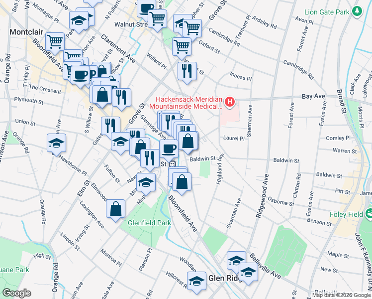 map of restaurants, bars, coffee shops, grocery stores, and more near in Montclair