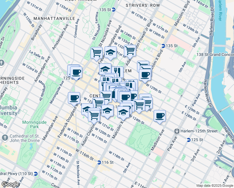 map of restaurants, bars, coffee shops, grocery stores, and more near 163 West 125th Street in New York