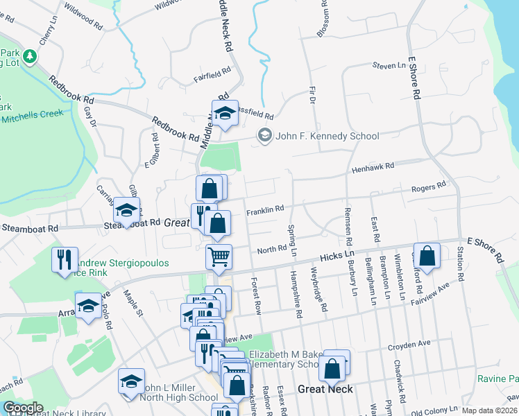 map of restaurants, bars, coffee shops, grocery stores, and more near 3 Franklin Road in Great Neck