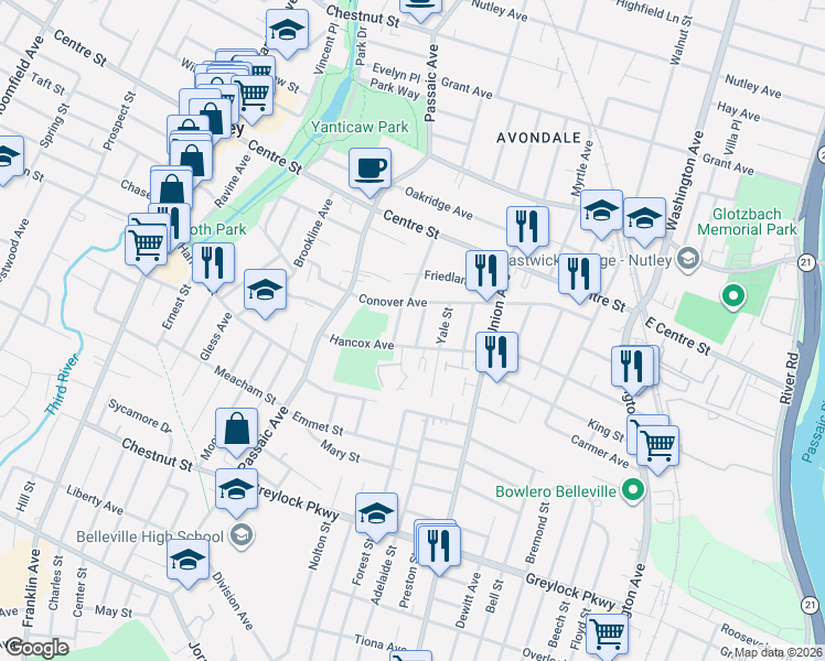 map of restaurants, bars, coffee shops, grocery stores, and more near 26 Bayard Street in Nutley