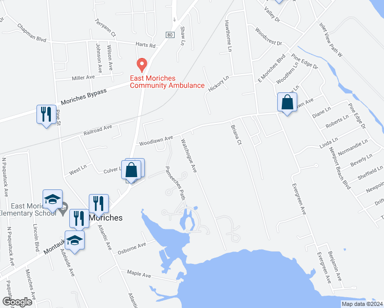 map of restaurants, bars, coffee shops, grocery stores, and more near 15 Watchogue Avenue in East Moriches