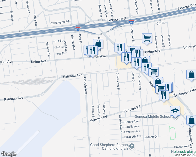 map of restaurants, bars, coffee shops, grocery stores, and more near 23 Avenue D in Holbrook