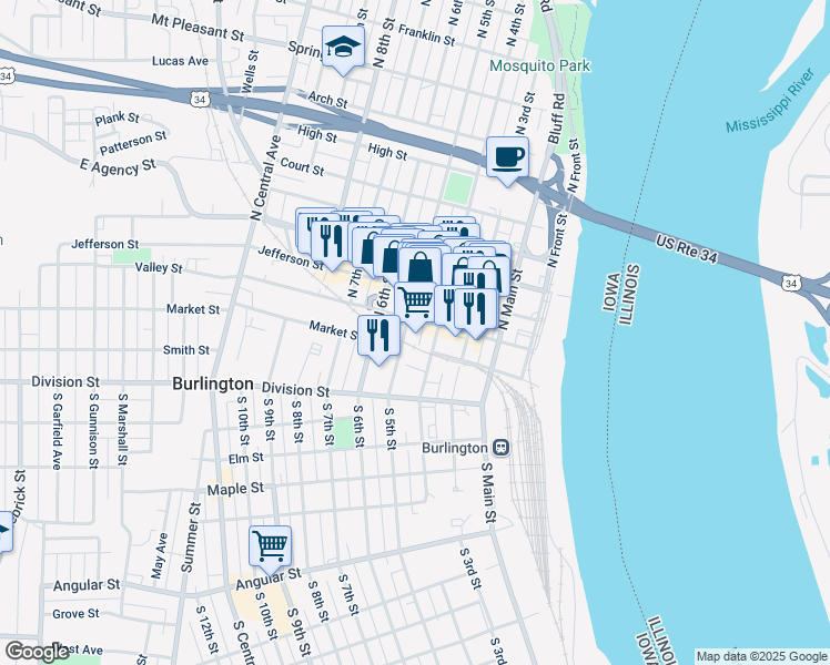 map of restaurants, bars, coffee shops, grocery stores, and more near 125-147 North 5th Street in Burlington