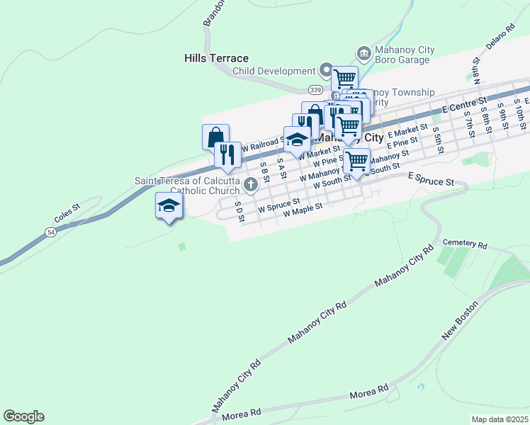 map of restaurants, bars, coffee shops, grocery stores, and more near 522 West Spruce Street in Mahanoy City