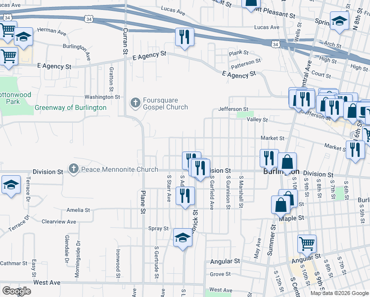 map of restaurants, bars, coffee shops, grocery stores, and more near 114 South Adams Street in Burlington