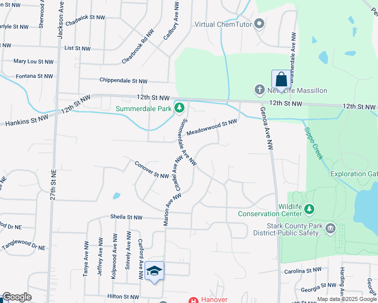 map of restaurants, bars, coffee shops, grocery stores, and more near 1104 Summerdale Avenue Northwest in Massillon