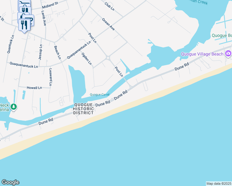 map of restaurants, bars, coffee shops, grocery stores, and more near 105 Dune Road in Westhampton Beach