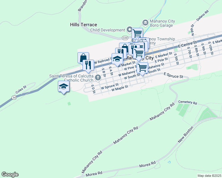 map of restaurants, bars, coffee shops, grocery stores, and more near 425 West Maple Street in Mahanoy City