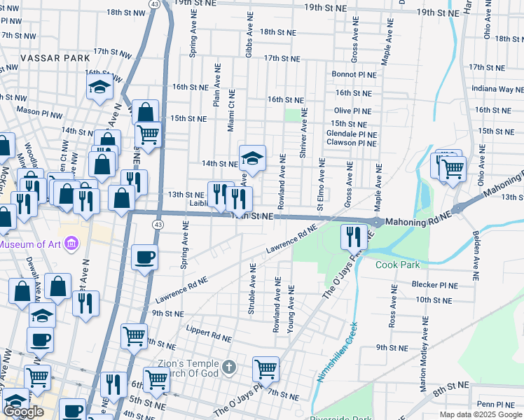 map of restaurants, bars, coffee shops, grocery stores, and more near 1209 12th Street Northeast in Canton