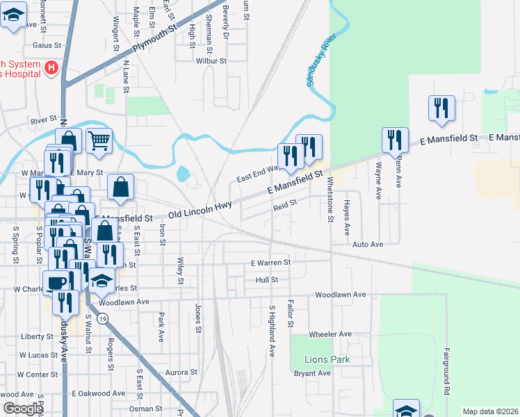 map of restaurants, bars, coffee shops, grocery stores, and more near 932 Reid St in Bucyrus
