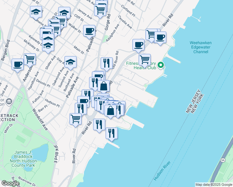 map of restaurants, bars, coffee shops, grocery stores, and more near 351 River Road in Edgewater