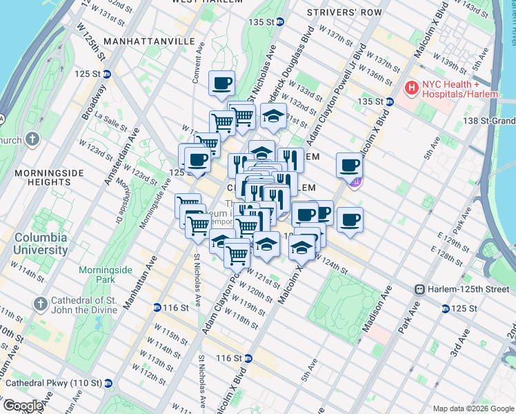 map of restaurants, bars, coffee shops, grocery stores, and more near 208 West 125th Street in New York