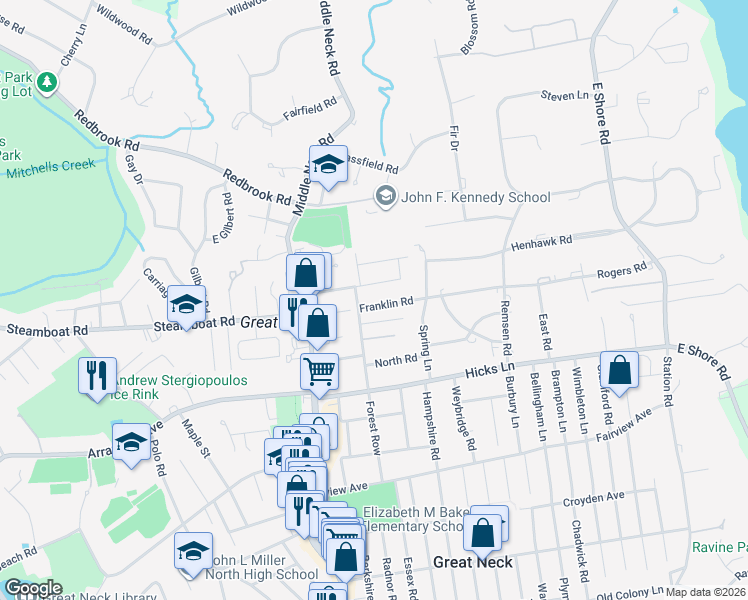 map of restaurants, bars, coffee shops, grocery stores, and more near 3 Franklin Road in Great Neck