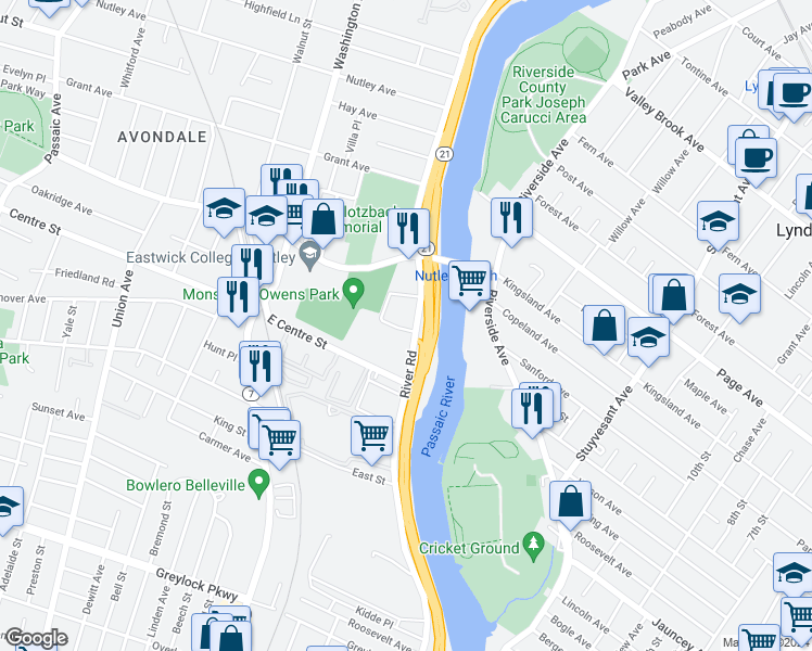 map of restaurants, bars, coffee shops, grocery stores, and more near 103 River Road in Nutley