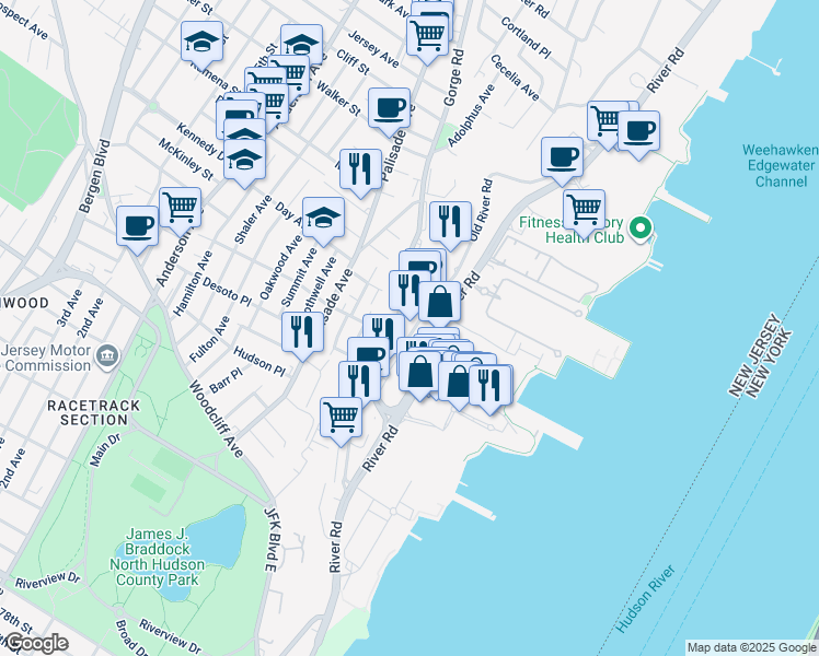 map of restaurants, bars, coffee shops, grocery stores, and more near 250 Old River Road in Edgewater