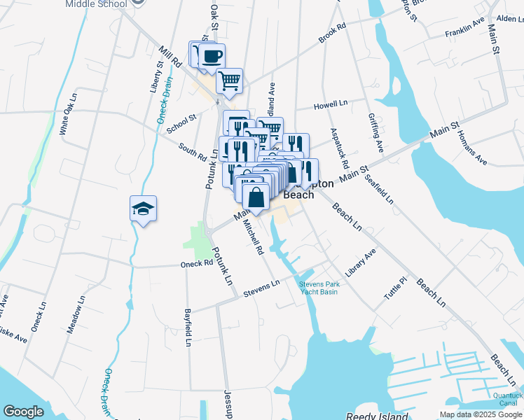 map of restaurants, bars, coffee shops, grocery stores, and more near 83 Main Street in Westhampton Beach