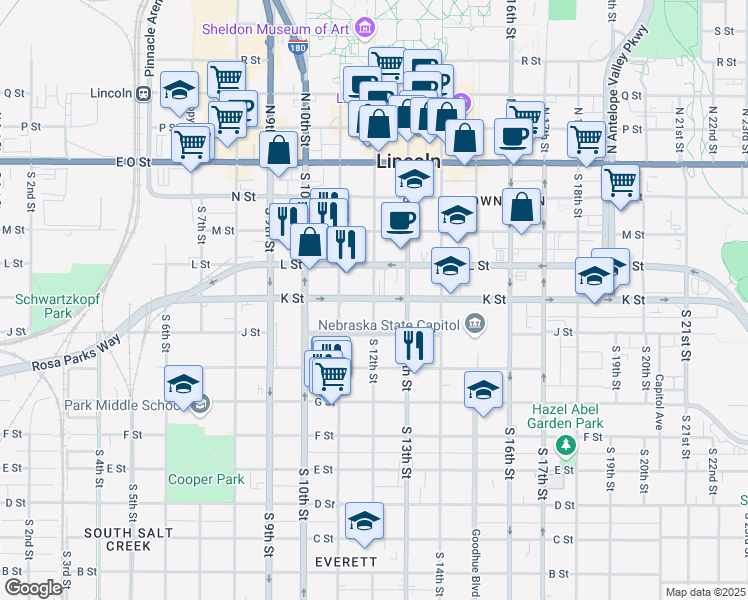 map of restaurants, bars, coffee shops, grocery stores, and more near 502 South 12th Street in Lincoln