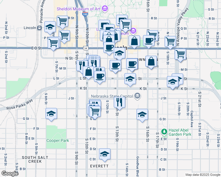 map of restaurants, bars, coffee shops, grocery stores, and more near 502 South 12th Street in Lincoln