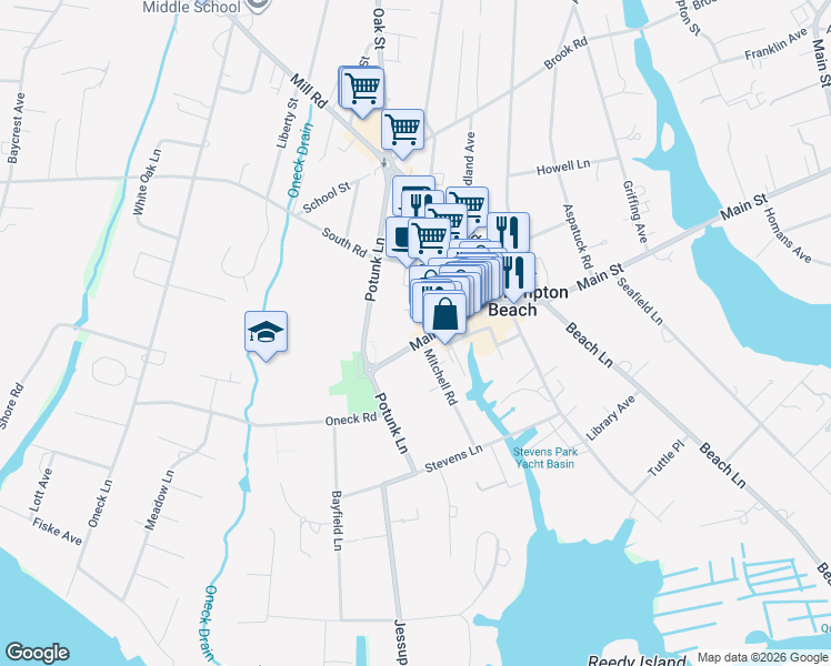 map of restaurants, bars, coffee shops, grocery stores, and more near 59 Main Street in Westhampton Beach