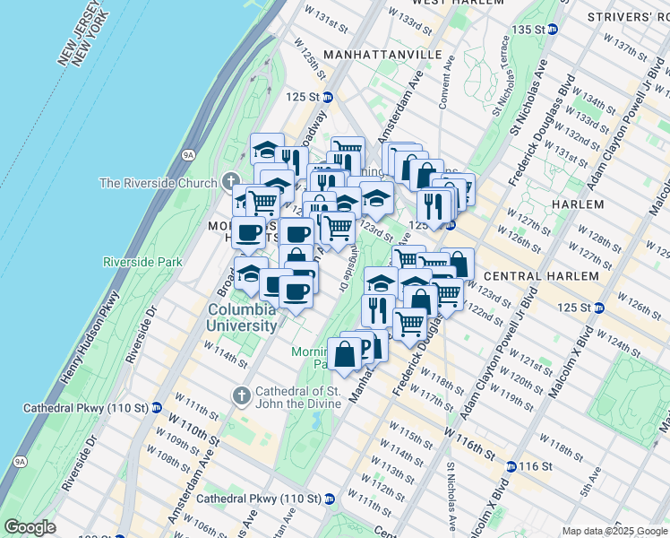 map of restaurants, bars, coffee shops, grocery stores, and more near 100 Morningside Drive in New York