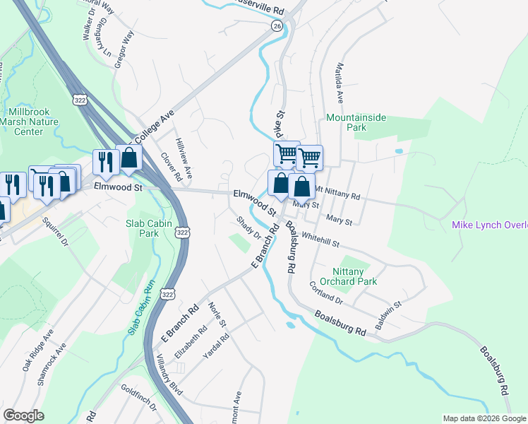 map of restaurants, bars, coffee shops, grocery stores, and more near 830 Elmwood Street in State College