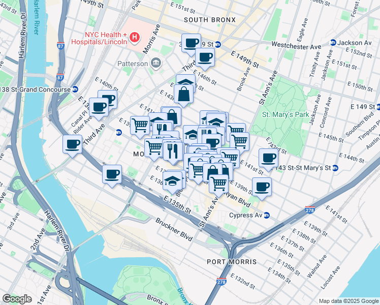 map of restaurants, bars, coffee shops, grocery stores, and more near 468 East 140th Street in The Bronx