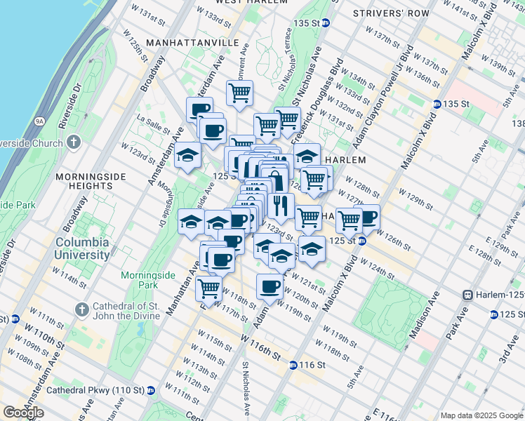 map of restaurants, bars, coffee shops, grocery stores, and more near 2296 Frederick Douglass Boulevard in New York