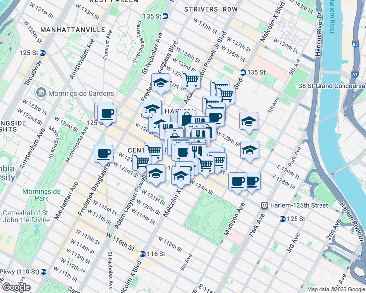 map of restaurants, bars, coffee shops, grocery stores, and more near 111 West 126th Street in New York