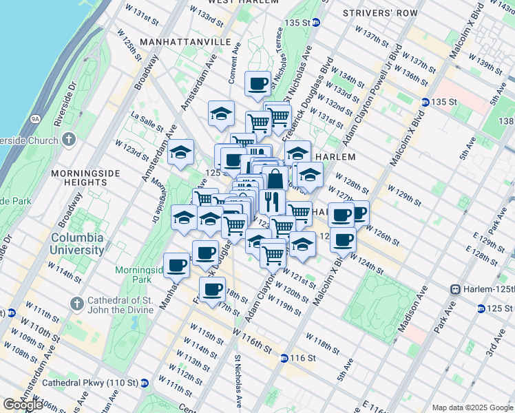 map of restaurants, bars, coffee shops, grocery stores, and more near 2296 Frederick Douglass Boulevard in New York